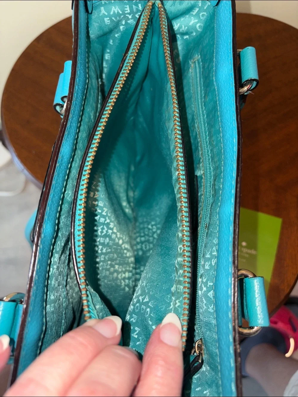 kate spade crossbody bag  satchel  Leather turquoise 3 compartment  gold tone